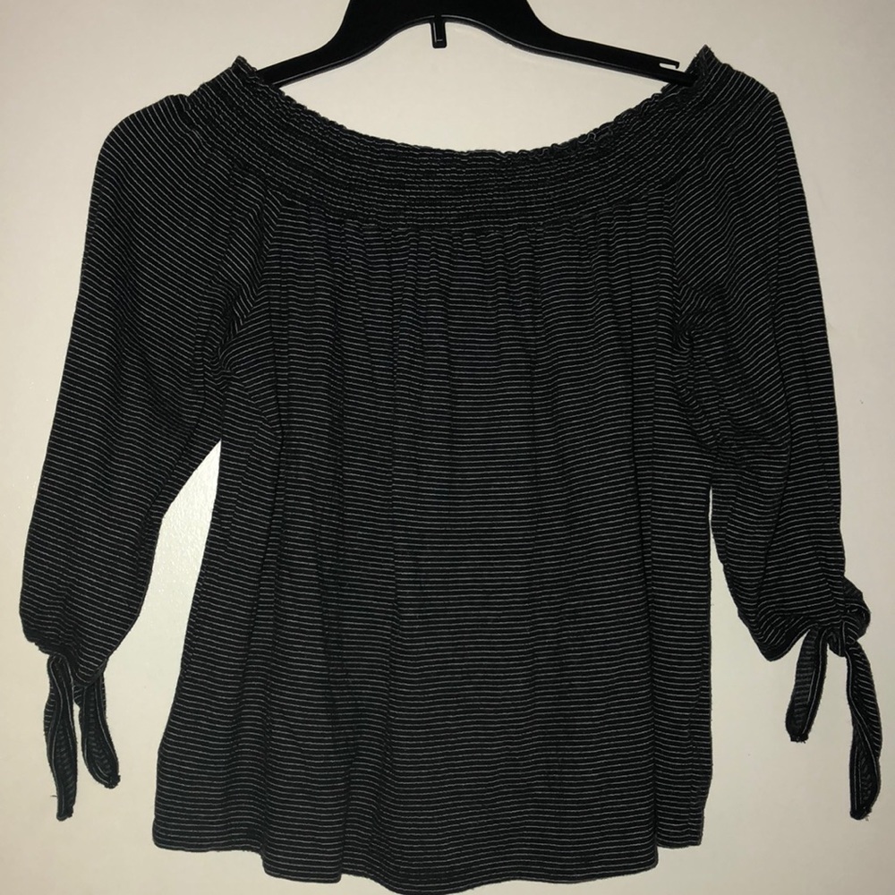 Dark blue/white striped on/off the shoulder top